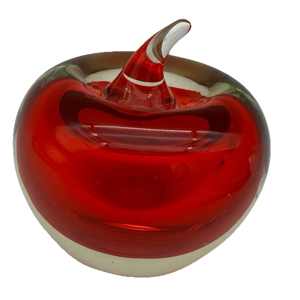 Hand Blown Art Glass Red Apple Paperweight with Clear Stem Fruit decorations 3.5